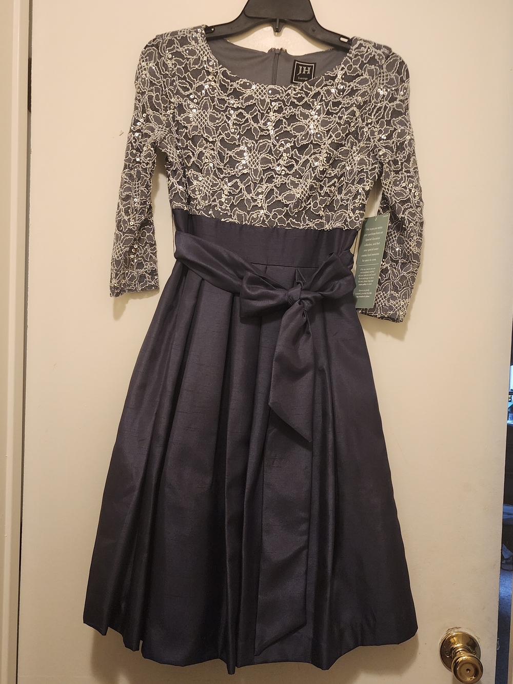 Jessica Howard Navy Dress with White Lace Bodice and Sash